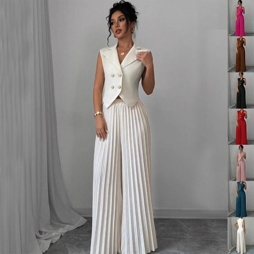 Women's Summer 2PC Vest & Pants Set Sleeveless Button Top Pleated Trousers Suit