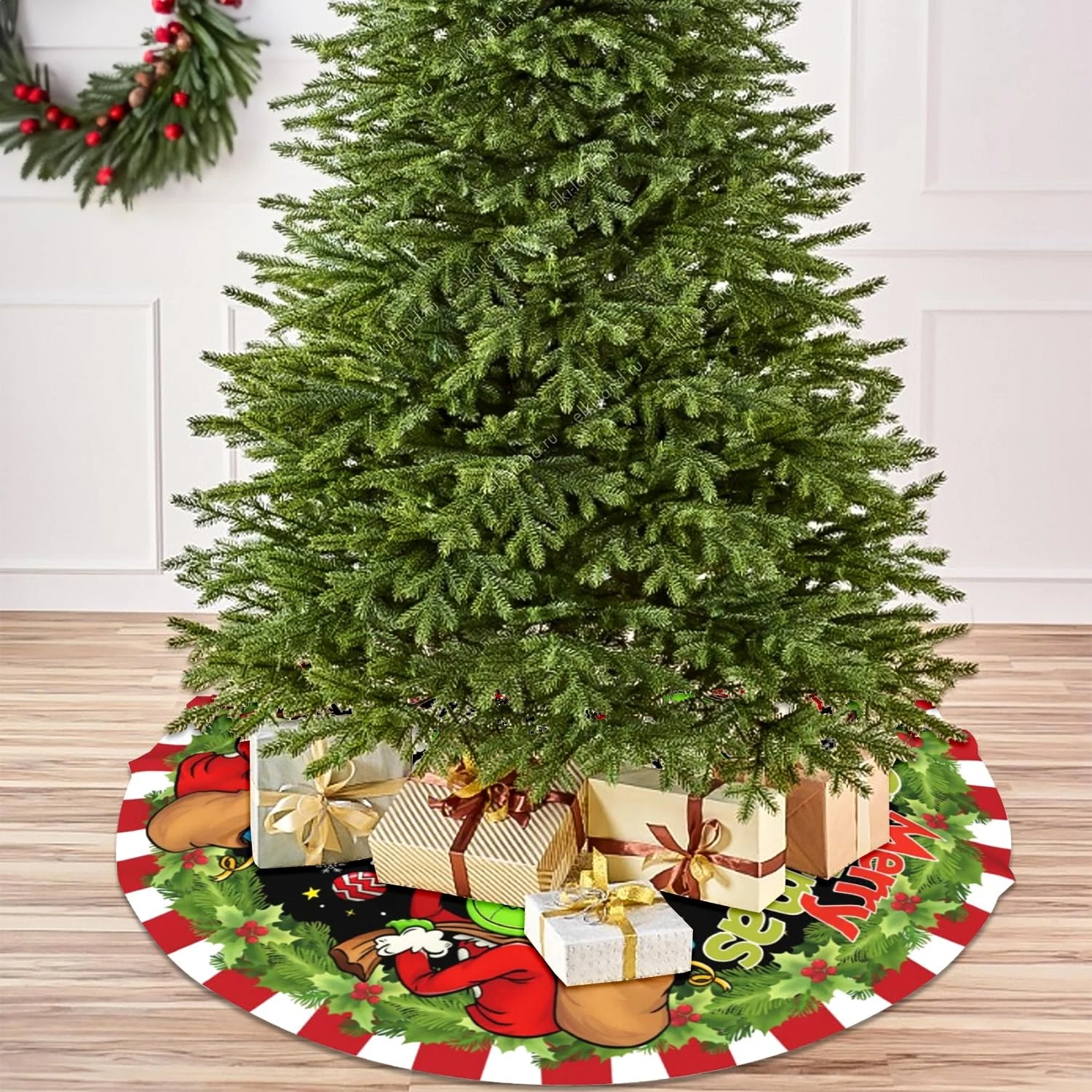 Santa Character Christmas Tree Skirt, Snowflakes Design, Holiday Tree Decor