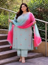 Women Plus Size Embroidered Kurta With Pant Designer Dupatta Set. Party...
