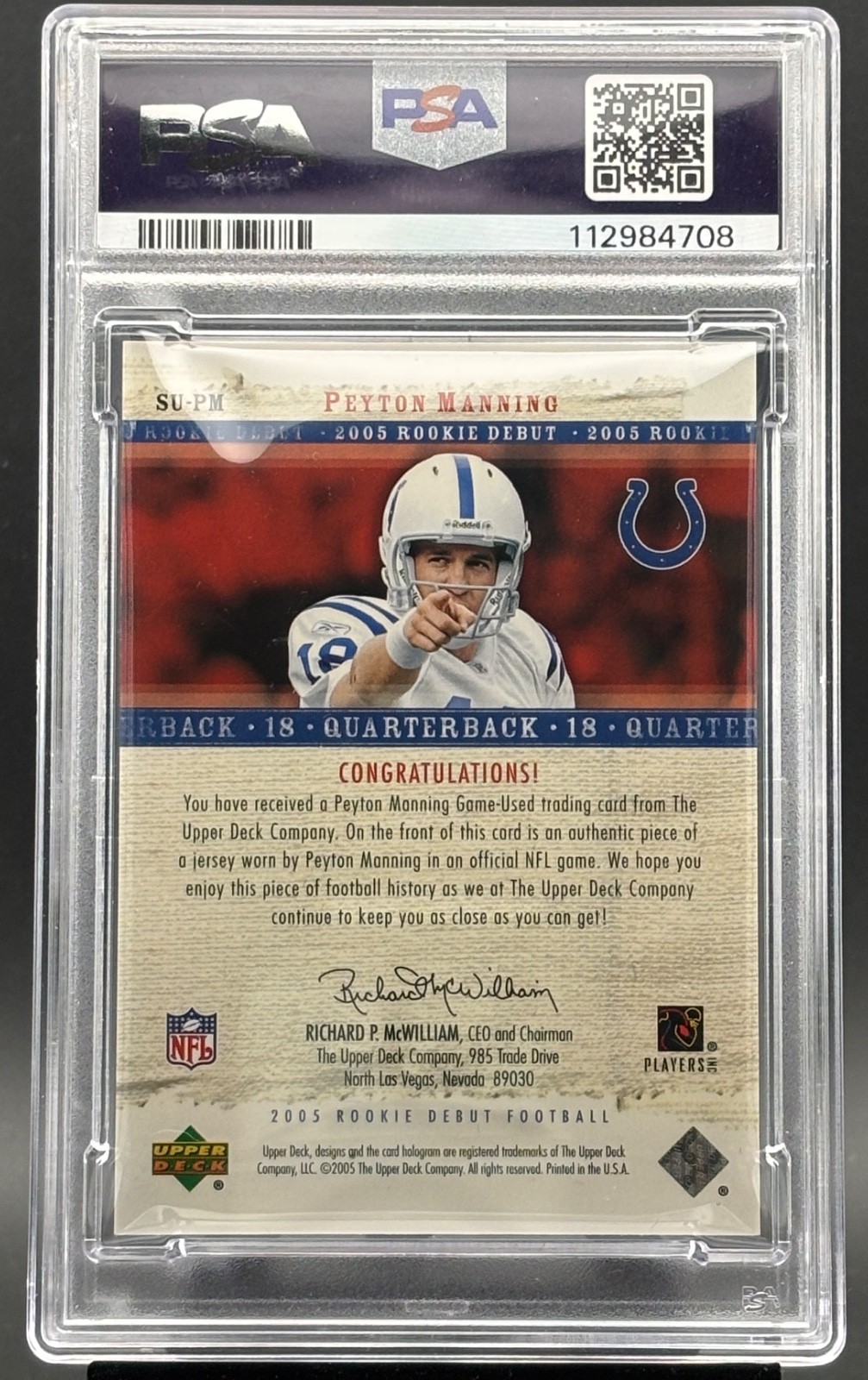 2005 Upper Deck Rookie Debut Peyton Manning Game Worn Patch Pop 5 PSA 9 view 2