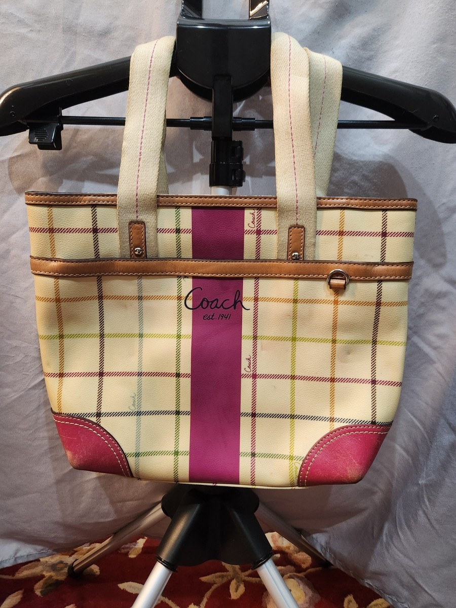 Coach Heritage Plaid Stripe Tattersall Dark Pink Tote w/ Top
