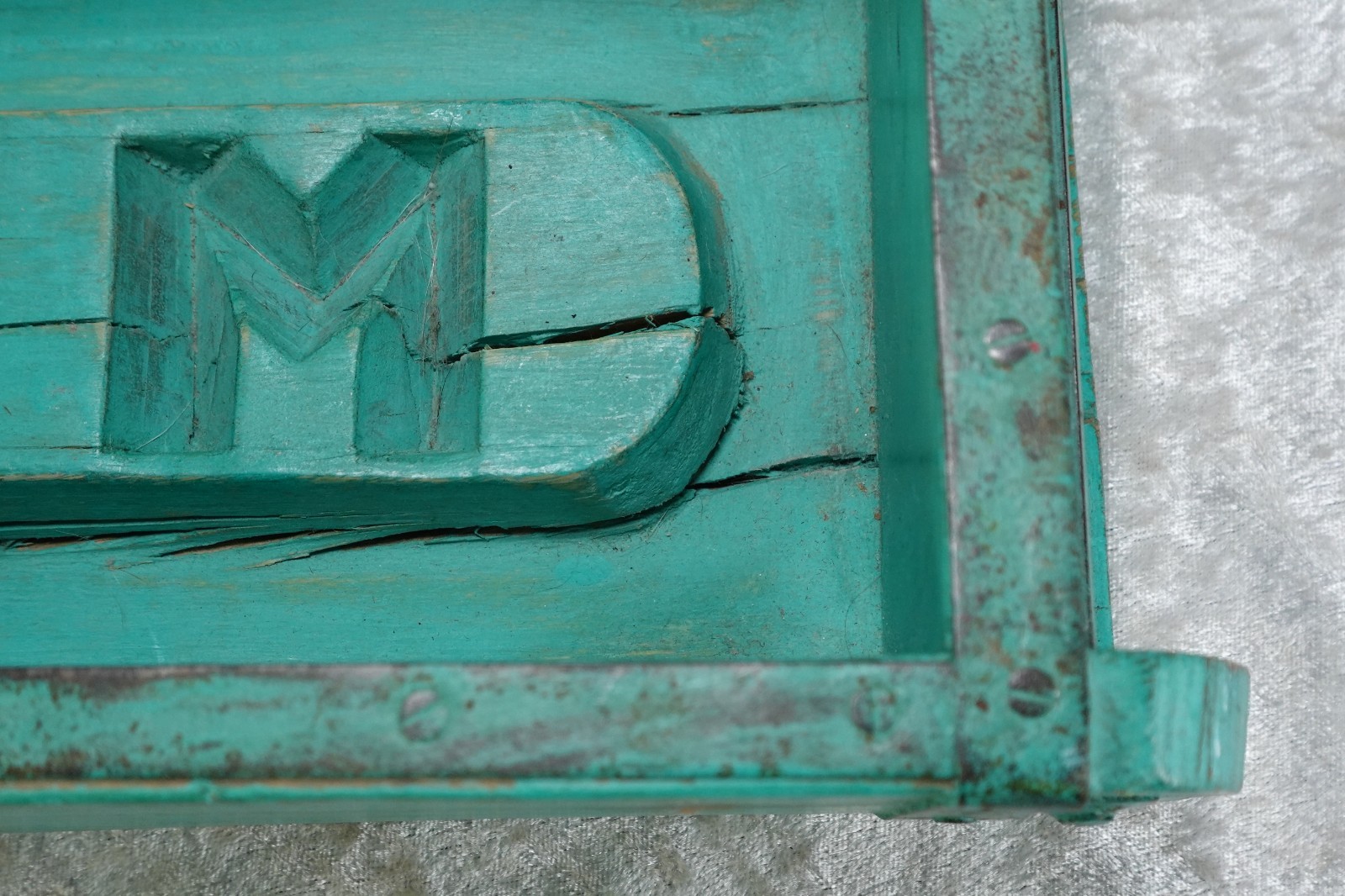 Primitive Carved Wood Brick Mold 'M D' Imprint Turquoise Rustic Painted Finish