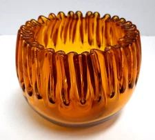 Vintage Blenko Amber Glass Crimped Ribbon Rose Bowl Handblown 4"x4" Model #538