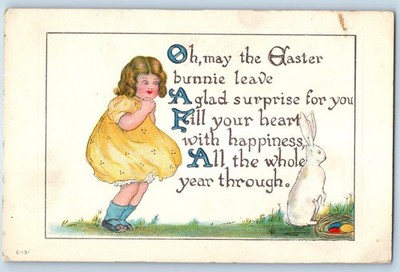 c1910's Easter Child Girl Bunnie With Eggs Embossed Antique Posted Postcard