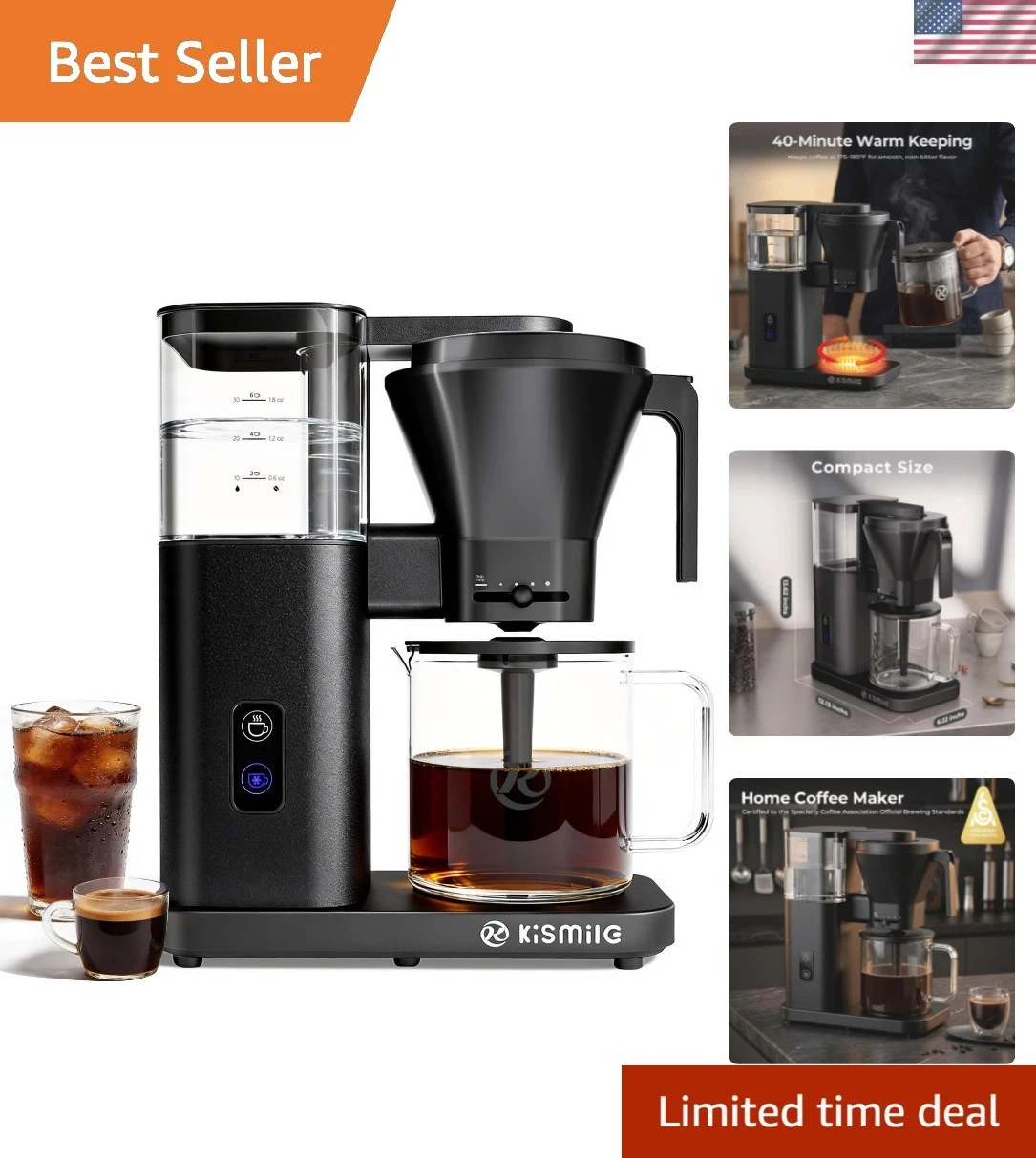 8 Cup Drip Coffee Maker, SCA Certified Hot & Cold Brew Coffee Machine, Fast H...