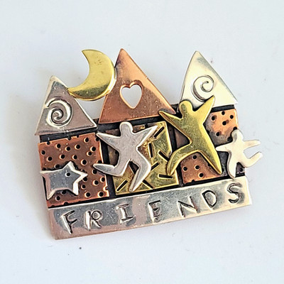Far Fetched Friends Mixed Metals Artisan Brooch Pin Copper Brass Sterling People