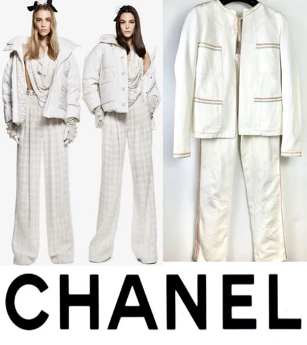 Chanel 2004 Vintage Giacca Bianco Gelato Pantalone 2pz Tuta Set 34 36 2 4 Fiocchi Vintage S