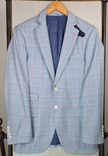 Custom Bespoke Mens Size 38 Wool/Silk Blue/Pink Windowpane Plaid Soft Jacket