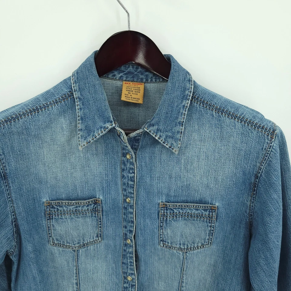 Пряжка BKE джинсовой ткани жемчуг Snap рубашка девочек XL синий джинсовой ткани длинным рукавом Western - Изображение 3 из 4