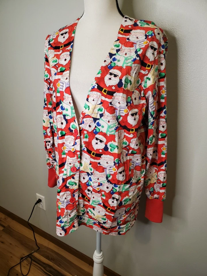 Peaches Size Small Christmas Scrub Top Long Sleeve Button Santa Claus Shirt - Image 2 of 4