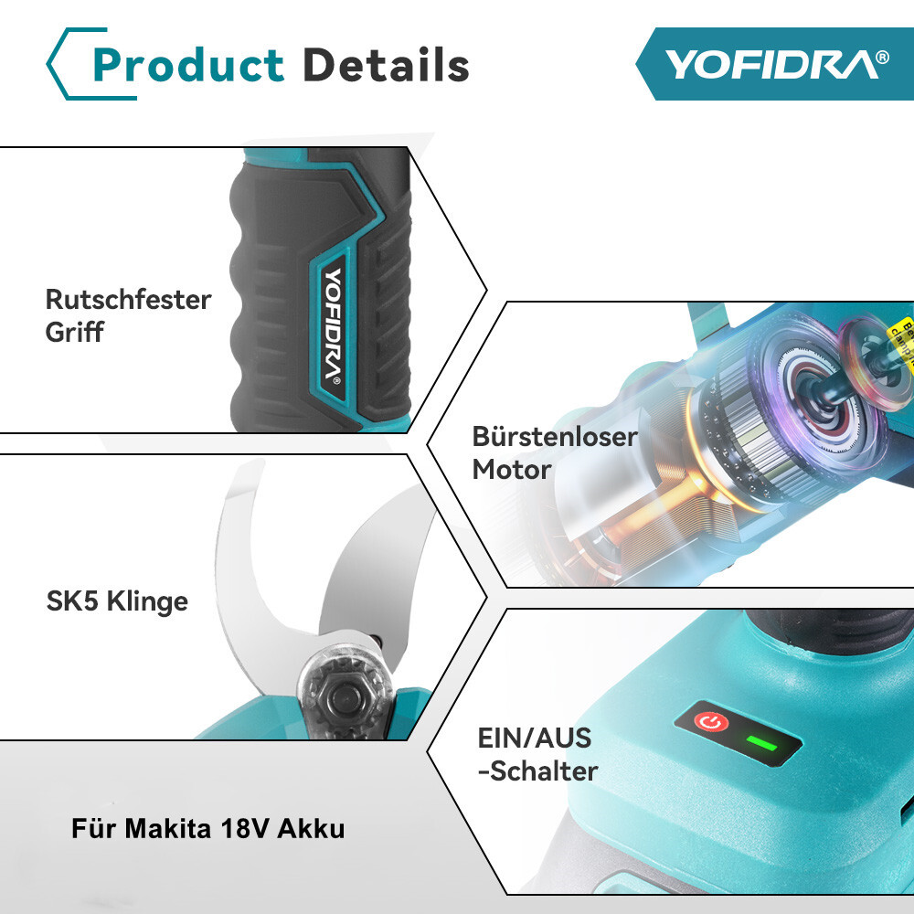 Yofidra Akku Astschere 25mm - 2 Akkus, LCD Display, SK5 Klingen, Für Garten