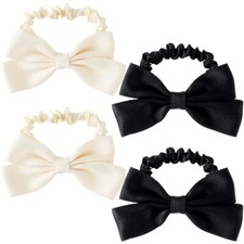 4 Pcs Bow Elastic Hair Ties, Sweet Bowknot Scrunchies, Satin Black, Beige