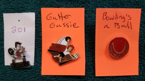 FREE SHIP--3 bowling lapel pins--Gutter Gussie, etc.