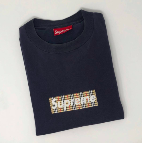 Supreme Burberry Box Logo Tee Size = Large, Color = Navy Blue