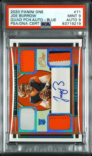 2020 PANINI ONE JOE BURROW #71 QUAD PATCH BLUE AUTO RC /15 PSA 9
