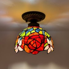 Tiffany Style Ceiling Lights Stained Glass Rose Flowers LED Bulb 8"H 8"W 8"D
