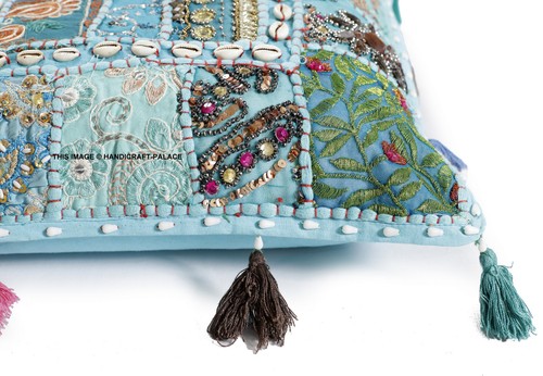 18" Étnico Handmade Turquesa Patchwork Cojín de Suelo Funda Hogar Decorativo - Imagen 3 de 3