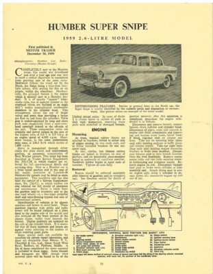 HUMBER SUPER SNIPE SERIES I 1959 MOTOR TRADER TECHNICAL DATA / SERVICE BULLETIN