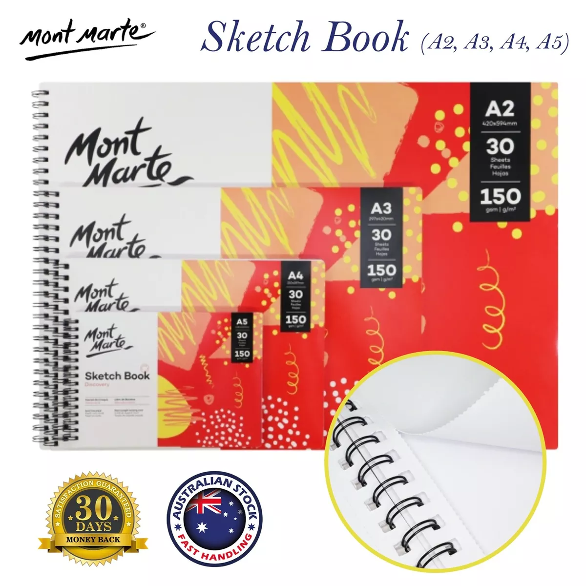 Mont Marte Sketch Book A2 A3 A4 A5 Art Painting Drawing Pad 30 Sheets  150gsm