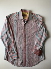 Robert Graham Shirt Mens XL Blue Pink Striped Abstract Flip Cuff Cotton Button