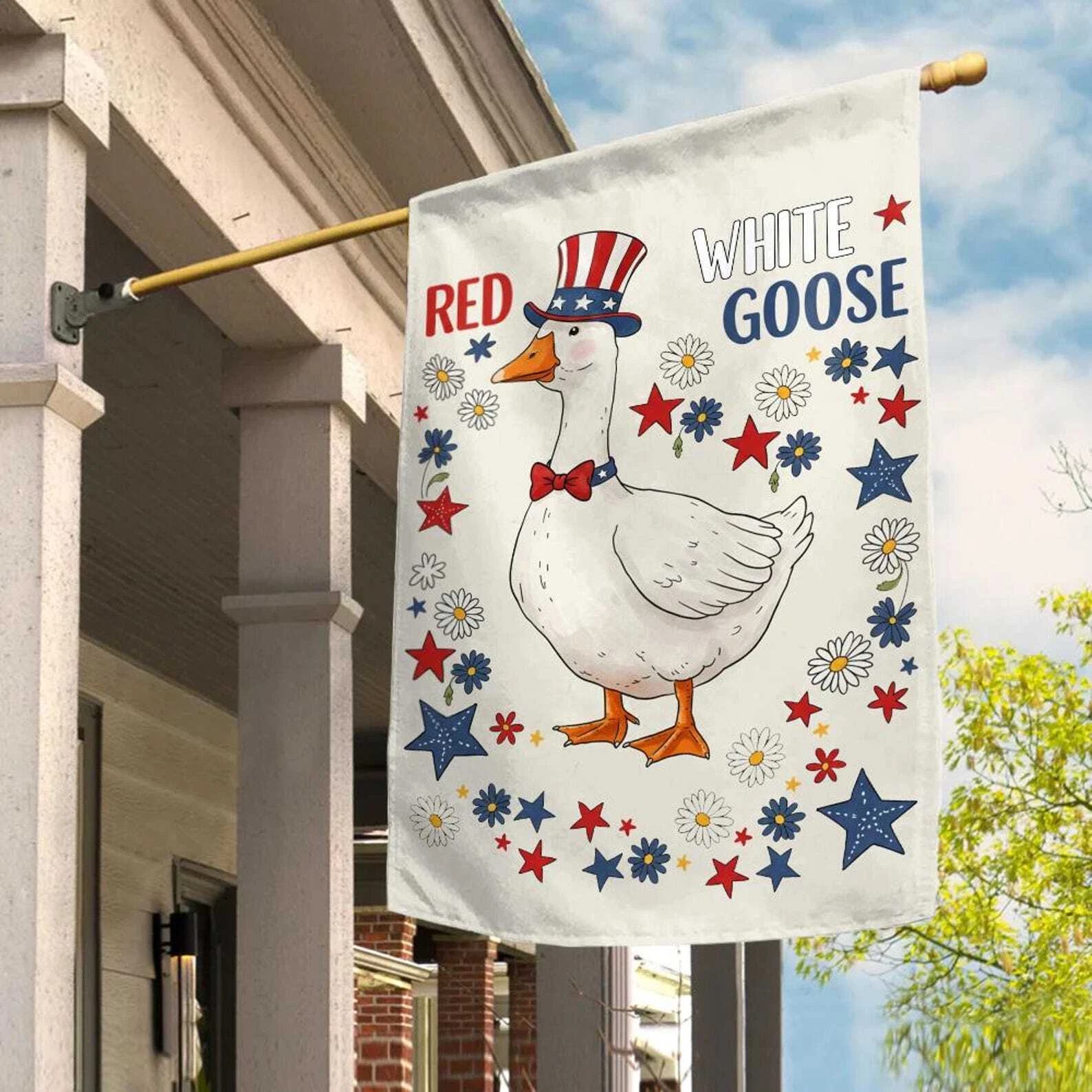 Red White Patriotic Goose Independence Day House Flag