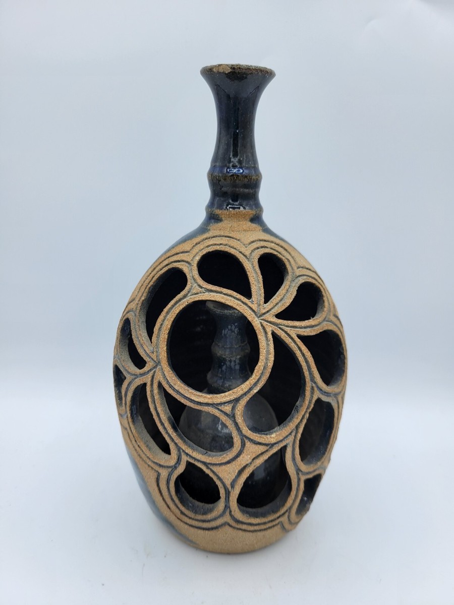 Vintage NT Signed Art Pottery Blue & Brown Floral Vase