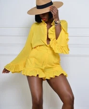 THE KEMIST Kemi K Ruffle Shorts Set Outfit Womens Plus 22 Sunshine Yellow