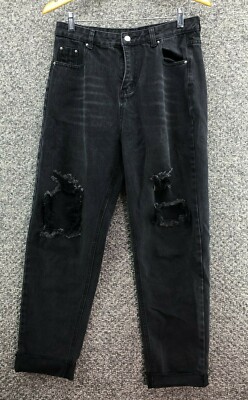 Shein Black Denim Mom Jeans Sz L Womens Distressed High Waist