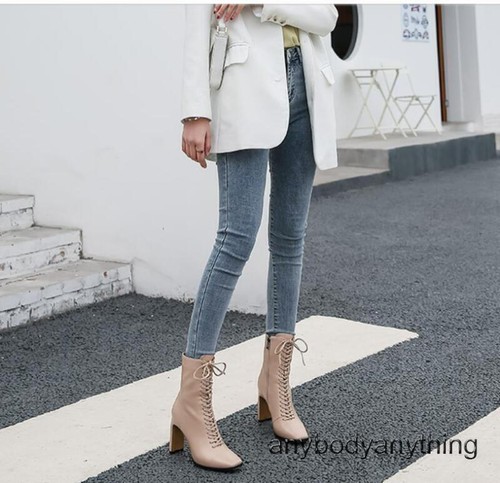 Womens OL Square Toe Lace Up Ankle Boots High Heels Daily Business Chelsea Boot - Picture 7 of 27