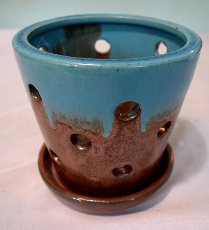 Jardinera de orquídeas de cerámica Allen & Roth esmaltada marrón y turquesa 5,5" X 5,5" Foto 3 de 4