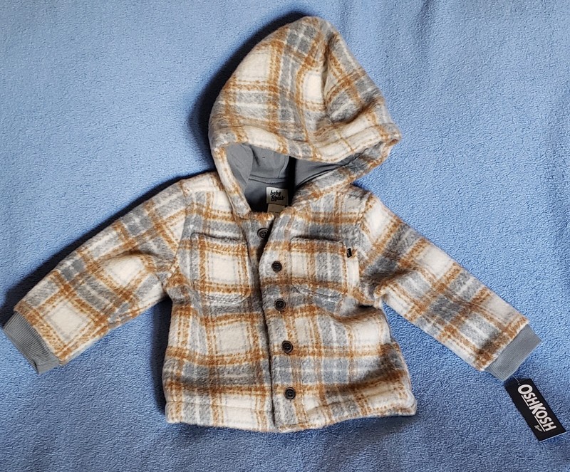 Oshkosh B'gosh Baby Boy 18 Months Gray Tan Plaid Hooded Fleece Button Jacket NWT