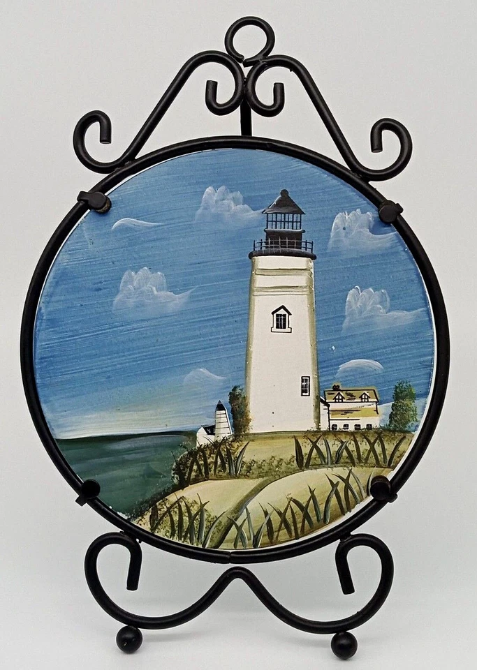 Cuadro de vidrio faro pintado a mano marco de metal negro caballete decoración náutica Foto 2 de 4