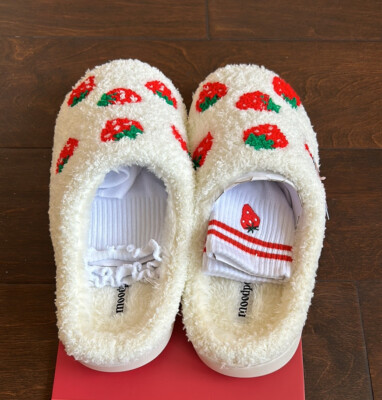 Moodpop Womens Faux Sherpa Memory Foam Slippers Strawberry New Sz