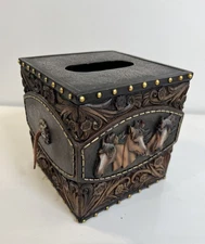 Horse Tooled Leather Tissue Box Cover Western Rustic Home Décor Resin Equestrian