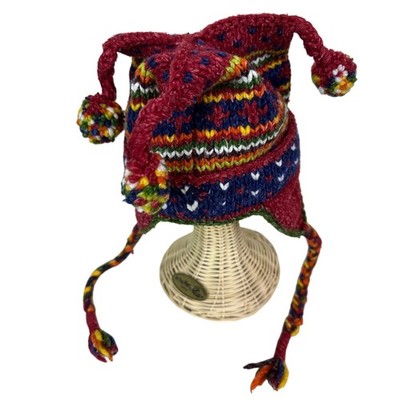 Hand Knit Peruvian Chullo Hat Ear Flap Pom Pom Wool Fair Isle Multicolor Adult
