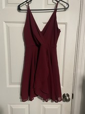Windsor Chiffon Fit & Flare Mini Dress Burgundy V-Neck Strappy Sleeveless Ruffle