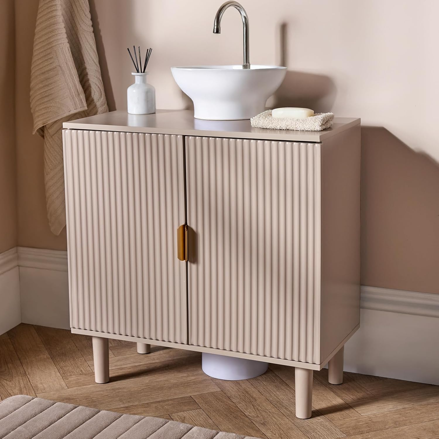 Under Sink Cabinet 60cm Ribbed Doors Storage Bathroom Unit Shelves Freestanding