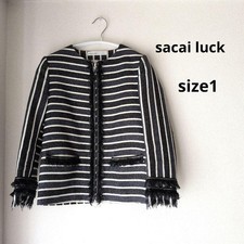 sacai luck No Collar Fringed Jacket Black Navy White S Pre-owned