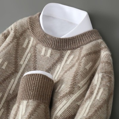 Mens 100% Wool Long Sleeve Knitted Knitwear Round Neck Sweater Casual Loose Tops