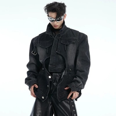 Men's Industrial Streetwear Cropped Denim Jacket Multi-Strap Patchwork Coat