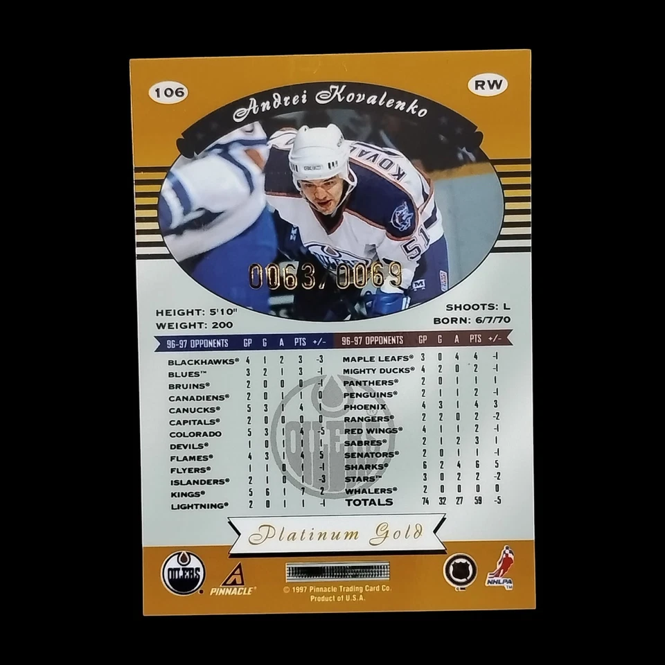 1997 Pinnacle Certified Hockey Platinum Gold /69 Andrei Kovalenko - Image 2 of 2