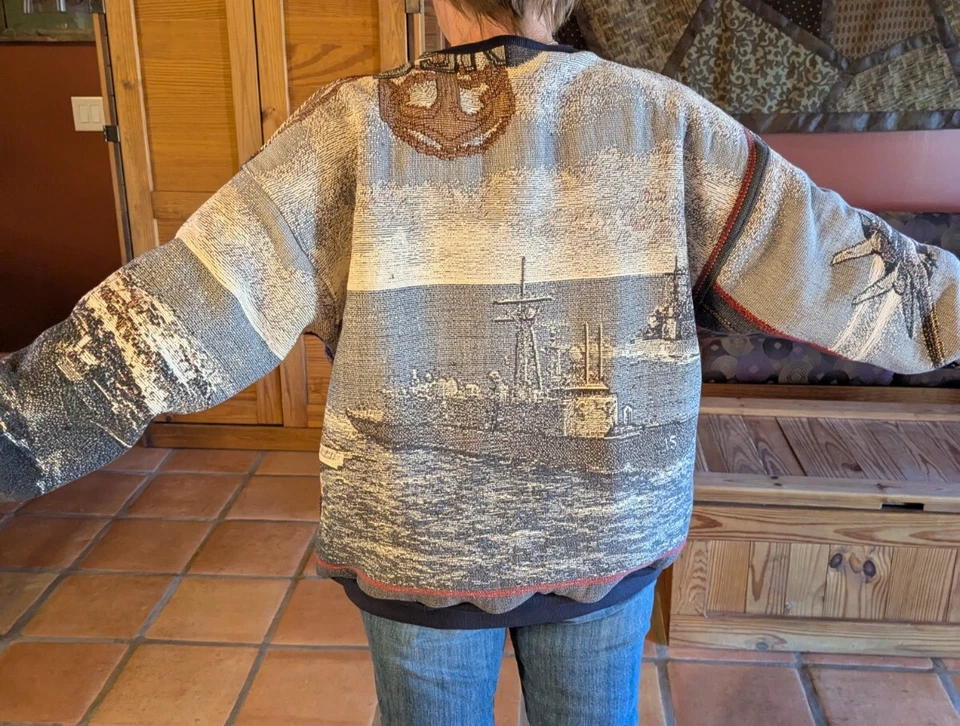 Manta a sudadera azul marino rehecha, camisa pulóver de peso pesado, azul marino papá o mamá Foto 2 de 4