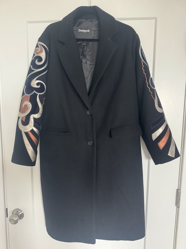 Desigual Wool Coat With Embellished Sleeves Size L