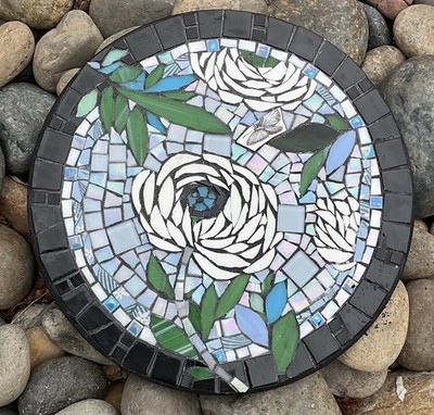Handmade Mosaic Tabletop, Florals, Leaves, Garden Art, Blue, Black 13   Round