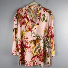 Natori Top Satin Women’s XL Watercolor Tiger Asian Floral Pullover