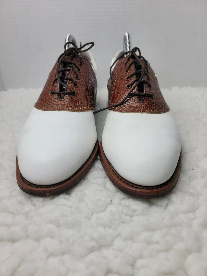 Винтажные классические мужские золотистые туфли Footjoy 80-х размер 10 белая коричневая экзотическая кожа - Изображение 2 из 4