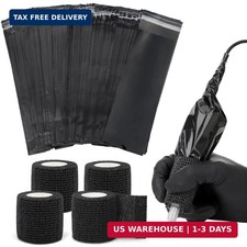 200Pcs Black Tattoo Machine Covers with Self-adhesive Strip, 4Pcs Tattoo Grip Wr