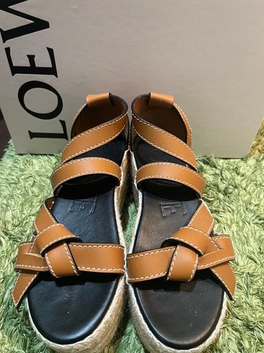 LOEWE Shoes Brown Cross-Strap Sandals Leather Thick-soled Open toe Women US8 EX