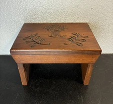 Vintage Wood Milking Stool Rustic Engraved Farmhouse Cottage Plant Stand Riser