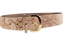 Beige Embossed Leather Wide Adjustable Waist Belt Gold Buckle Boho Retro Size 46
